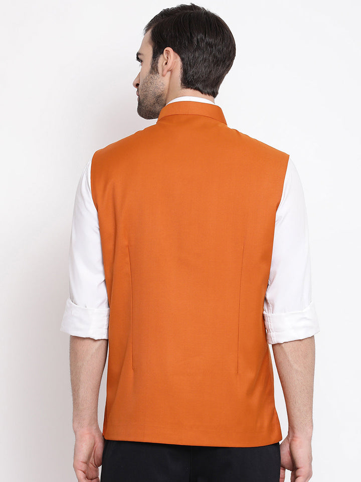 VASTRAMAY Orange Cotton Blend Twill Nehru Jacket