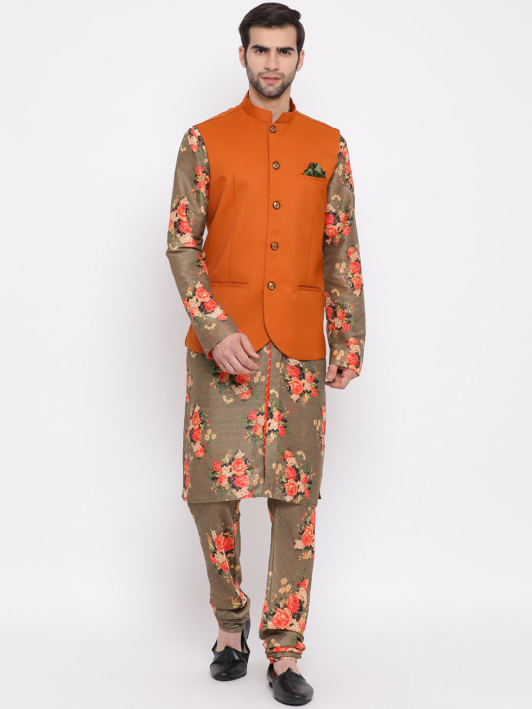 Vastramay Multicolored-Base-Chiku Baap Beta Jacket Kurta Pyjama set