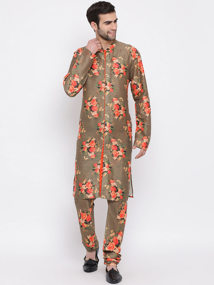 Vastramay Multicolored-Base-Chiku Baap Beta Jacket Kurta Pyjama set