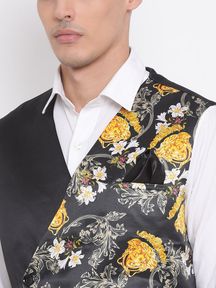 VASTRAMAY Men's Black Floral Printed Waistcoat Jacket