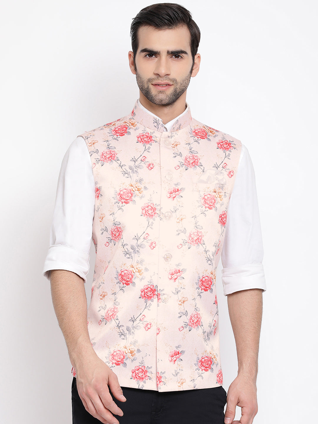 Vastramay Multicolor-Base-Peach Floral Printed Baap Beta Ethnic Jacket Set