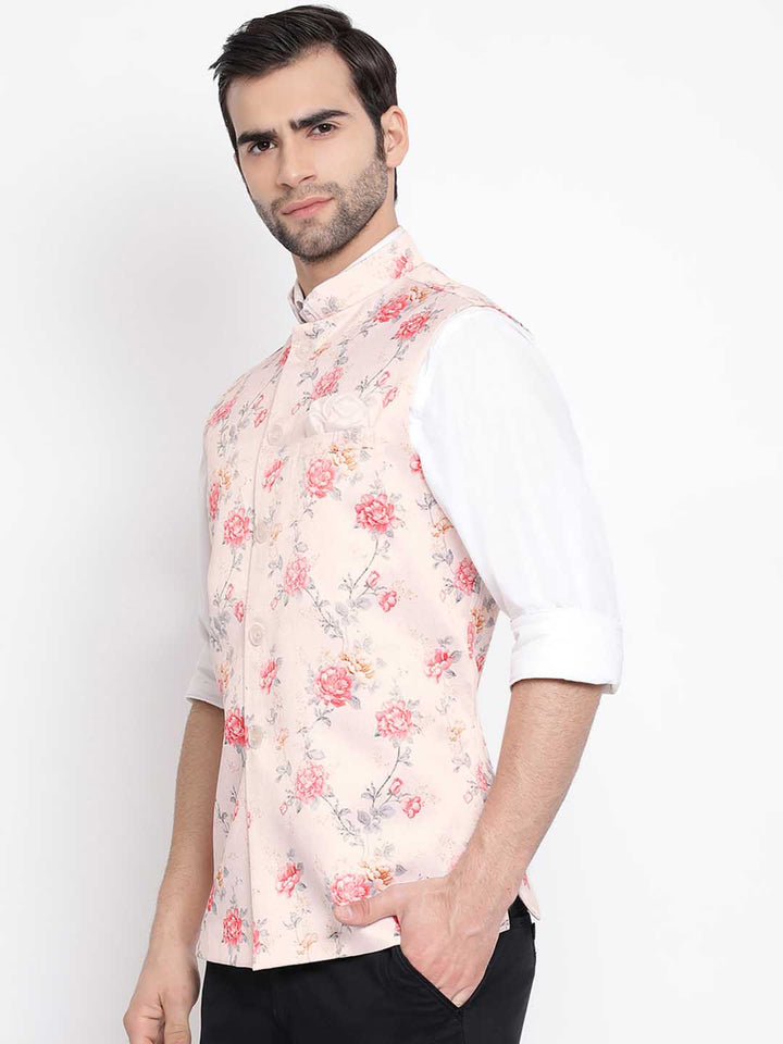 VASTRAMAY Men's Peach Silk Blend Nehru Jacket