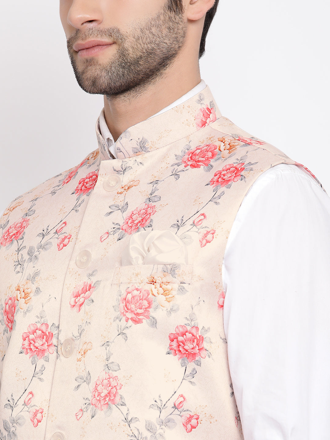 Vastramay Multicolor-Base-Peach Floral Printed Baap Beta Ethnic Jacket Set