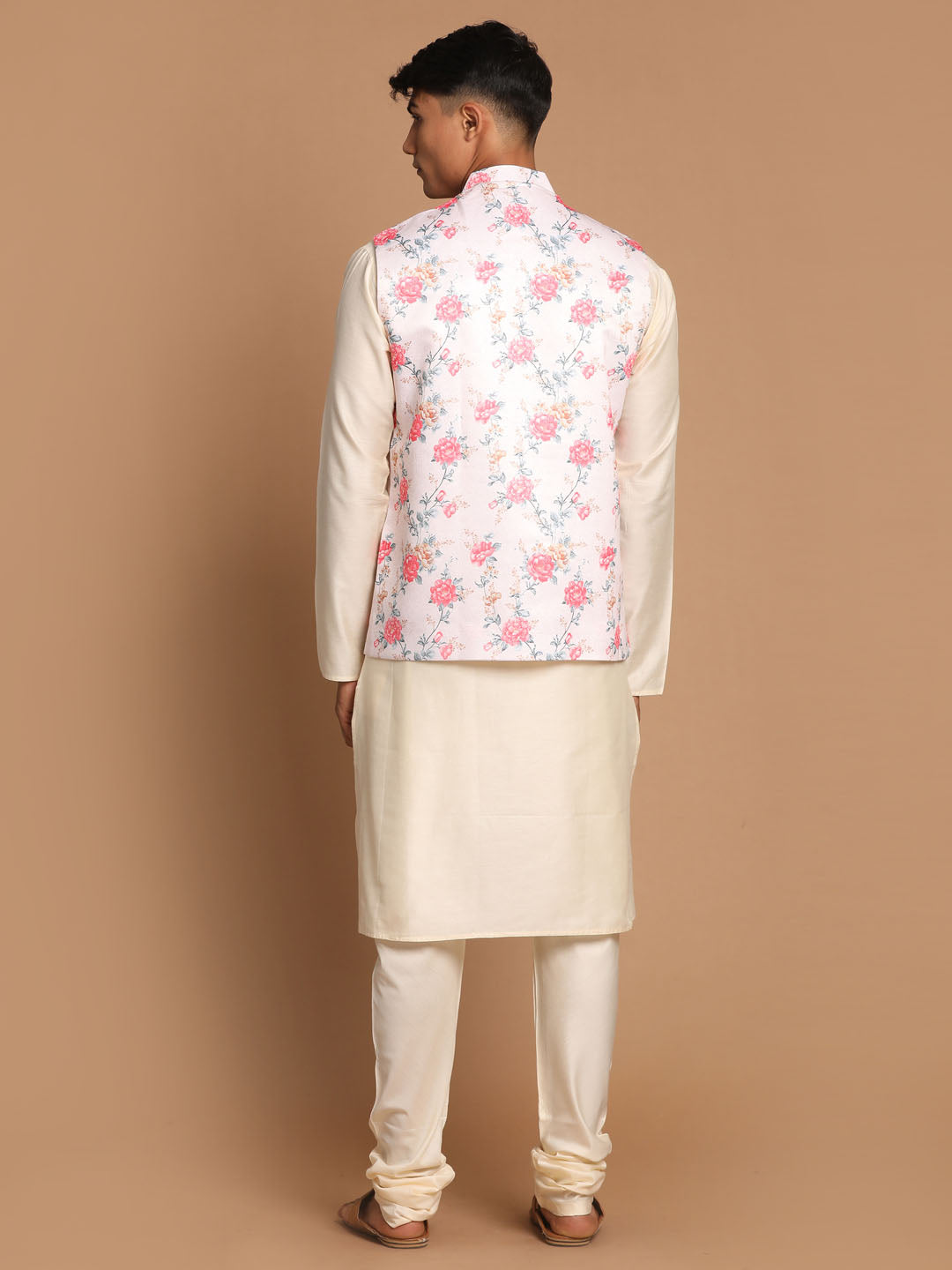 VASTRAMAY Men's Peach Digital Printed Royal Angrakha Nehru Jacket With Cream Kurta Pyjama Set