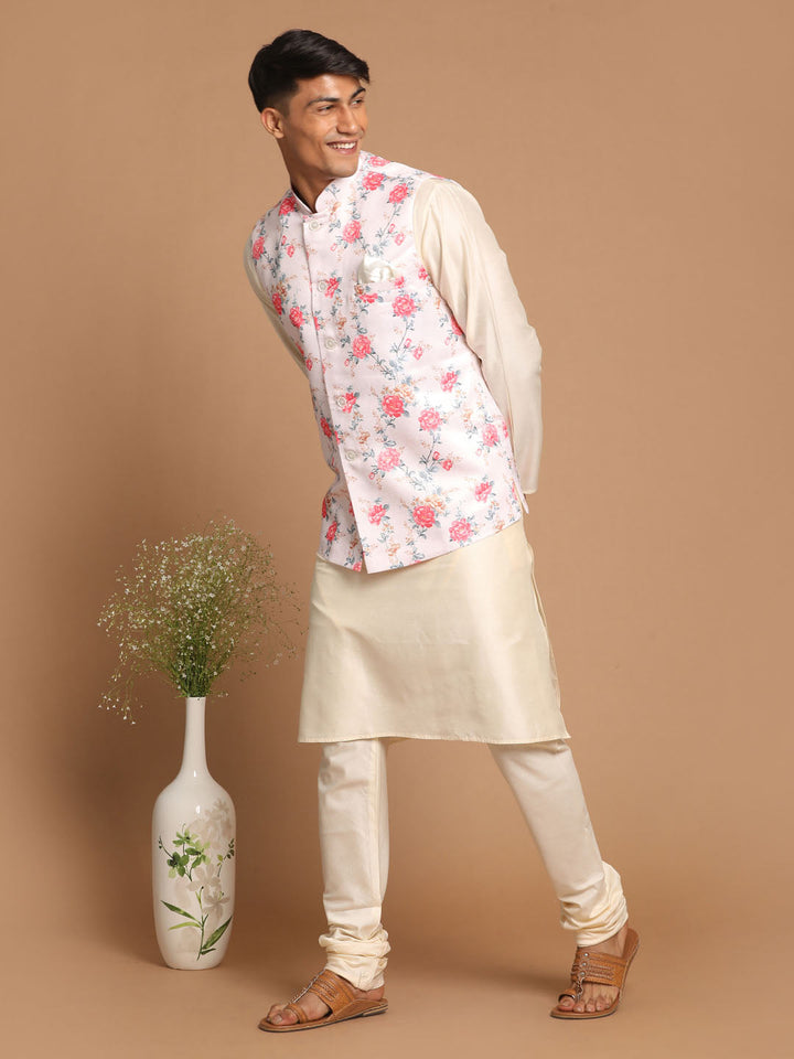 VASTRAMAY Men's Peach Digital Printed Royal Angrakha Nehru Jacket With Cream Kurta Pyjama Set