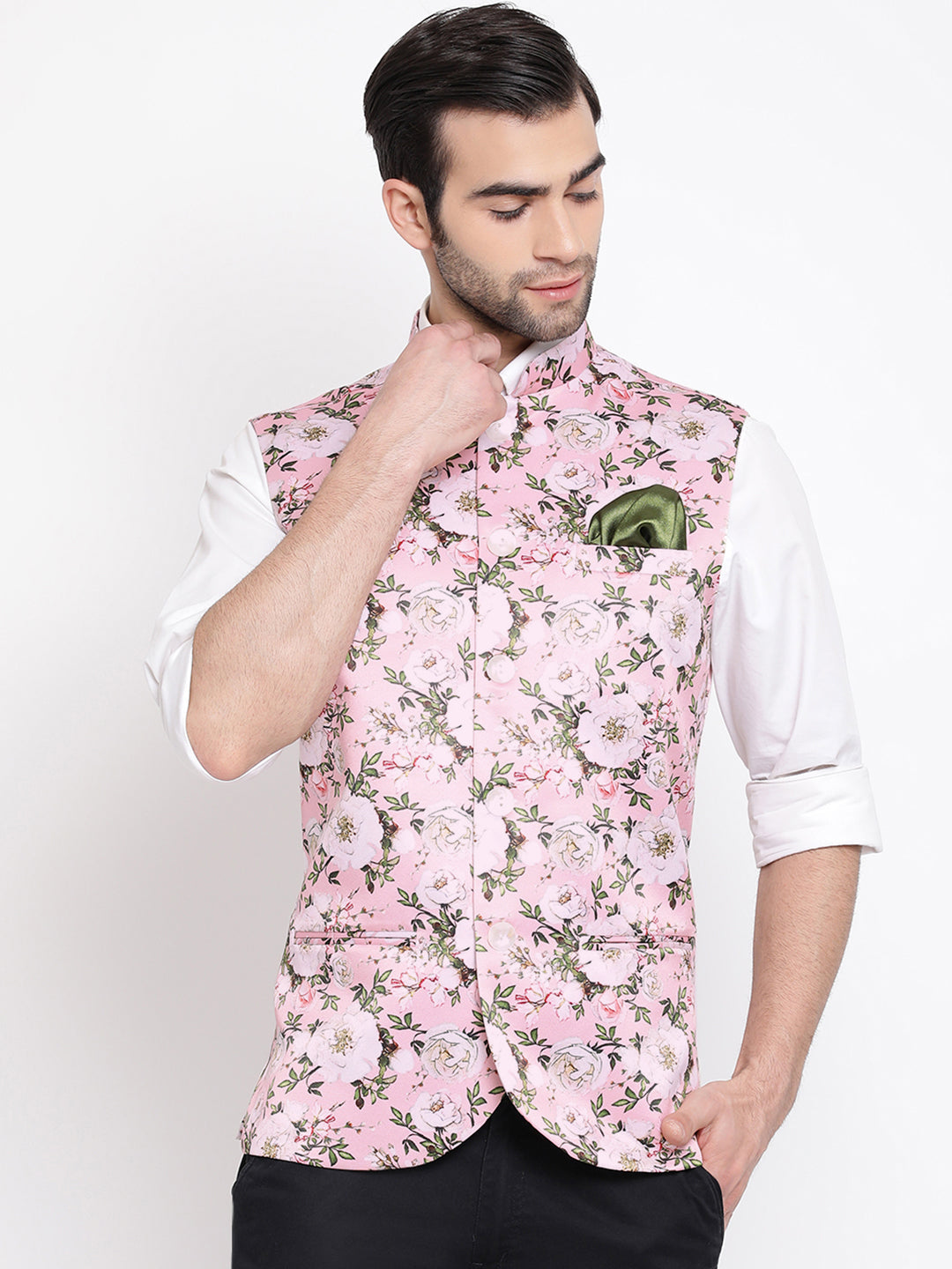 VASTRAMAY Men's Pink Digital Floral Printed Royal Nehru Jacket