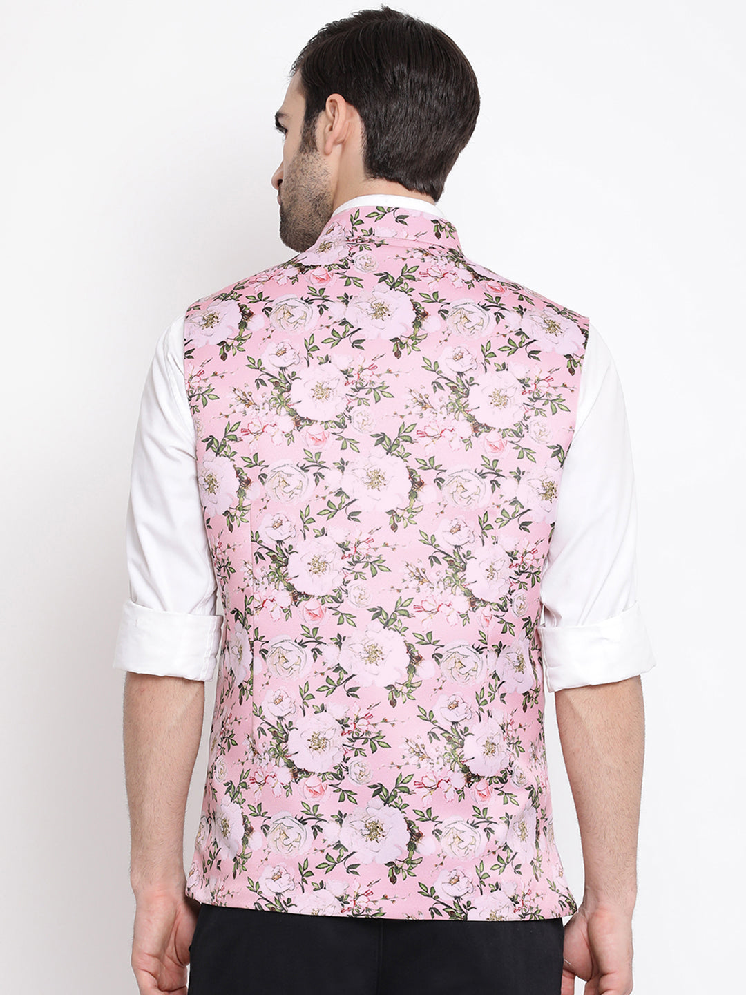 VASTRAMAY Men's Pink Digital Floral Printed Royal Nehru Jacket