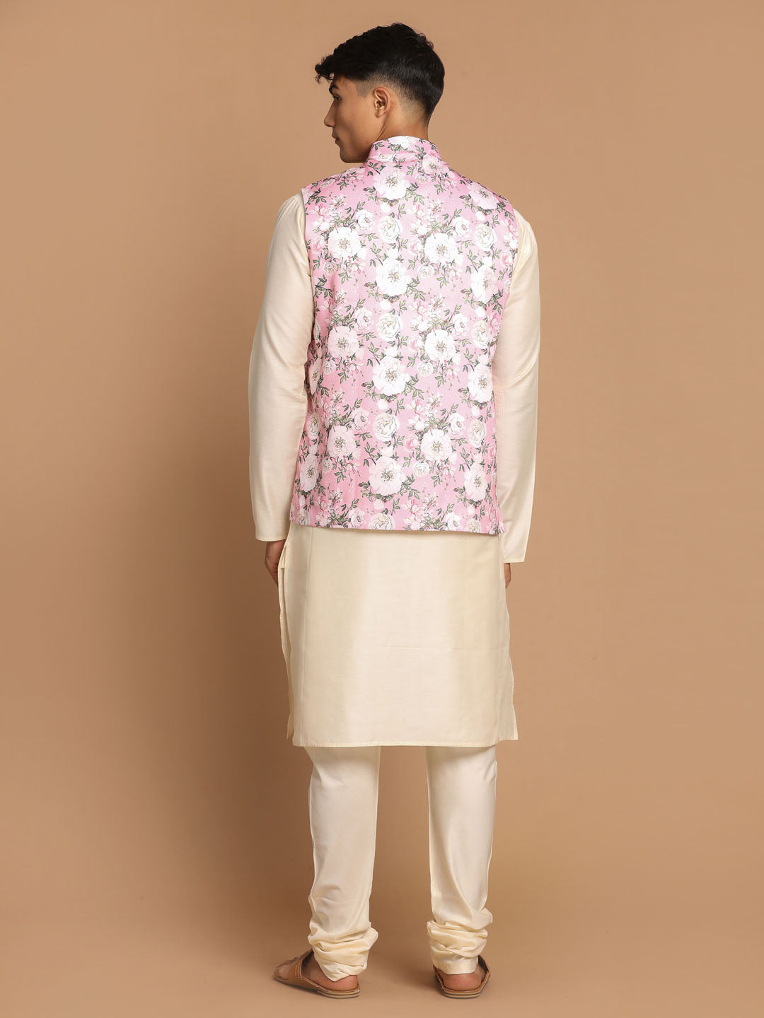 VASTRAMAY Men's Pink Digital Floral Printed Royal Angrakha Nehru Jacket With Cream Kurta Pyjama Set