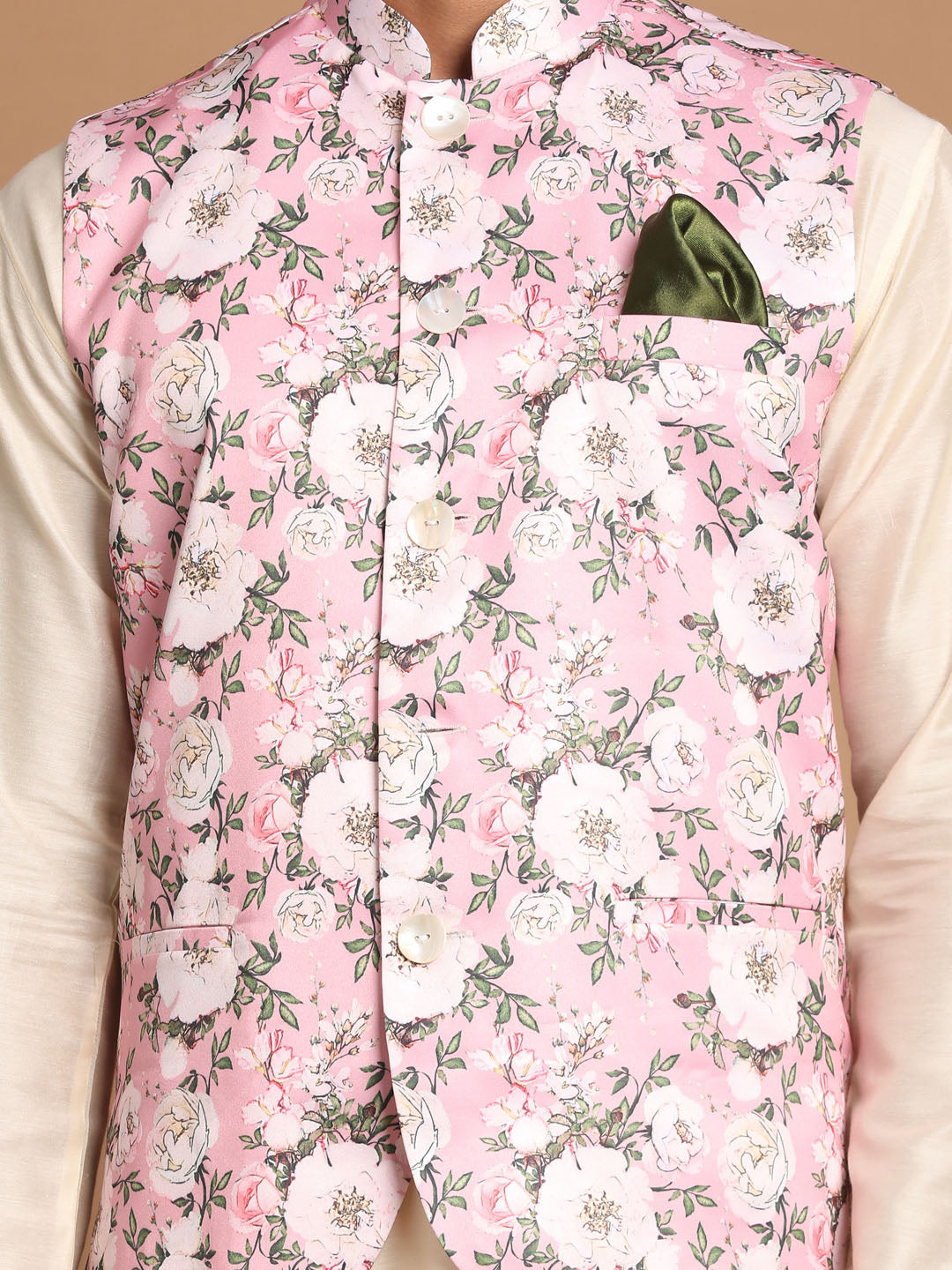 VASTRAMAY Pink Digital Floral Printed Royal Angrakha Nehru Jacket With Cream Kurta Pyjama Baap Beta Set