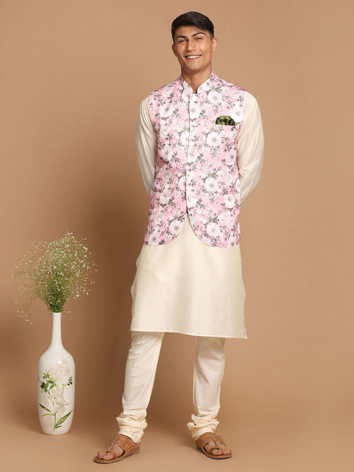 VASTRAMAY Men's Pink Digital Floral Printed Royal Angrakha Nehru Jacket With Cream Kurta Pyjama Set