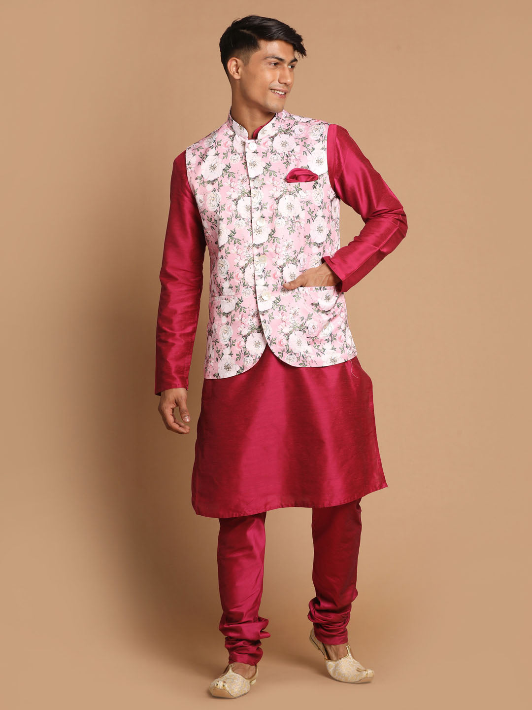 VASTRAMAY Men's Pink Floral Printed Ethnic Jacket With Purple Cotton Silk Blend Kurta Pyjama