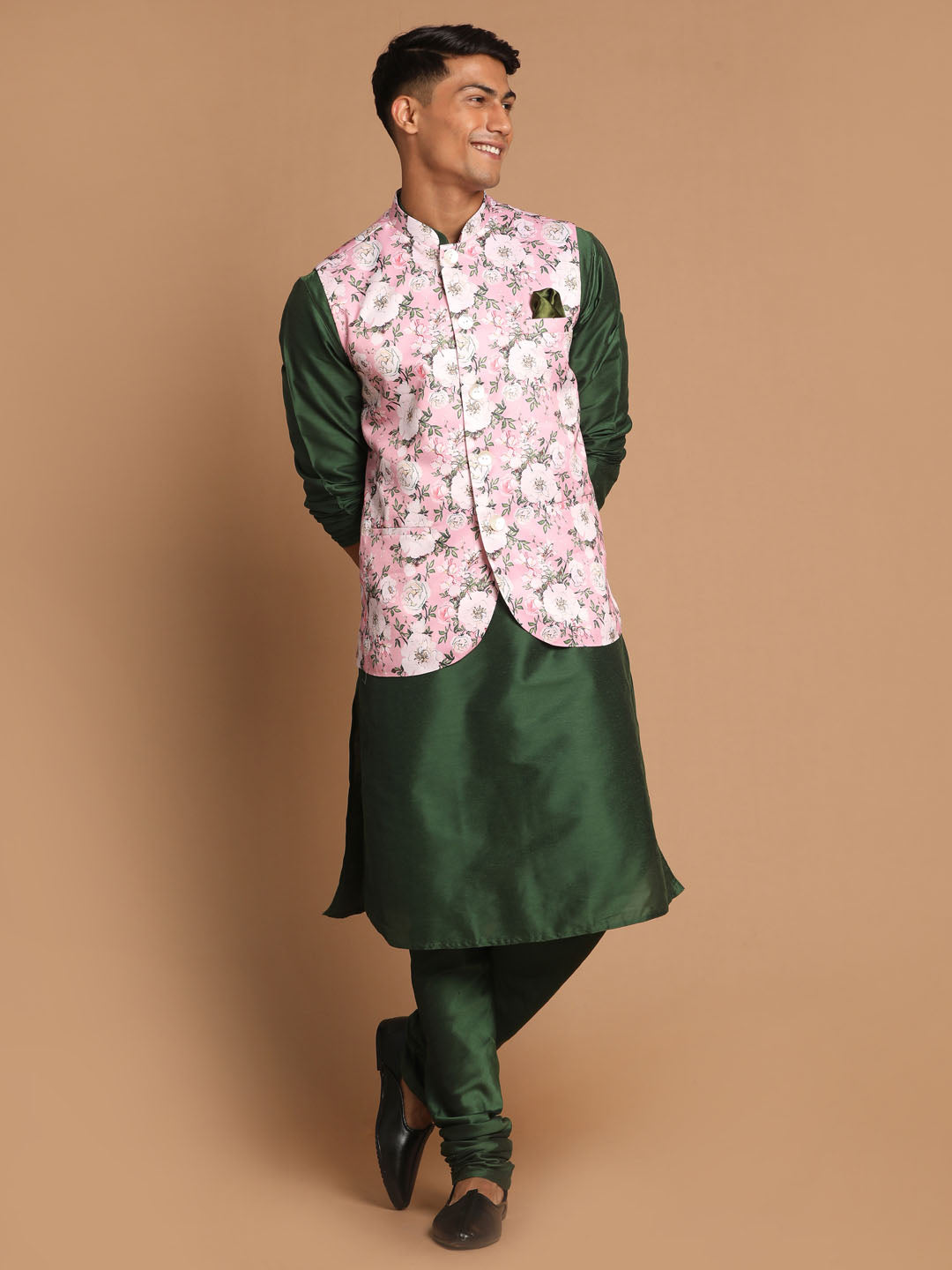 VASTRAMAY Men's Pink Floral Printed Ethnic Jacket With Green Cotton Silk Blend Kurta Pyjama