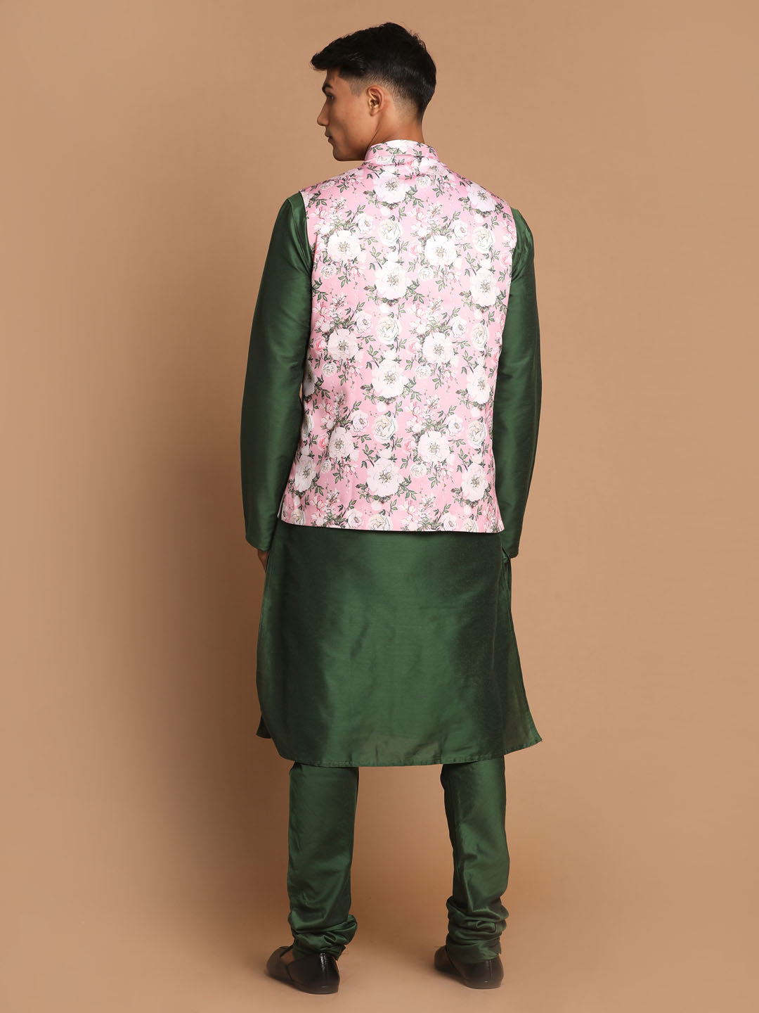 VASTRAMAY Men's Pink Floral Printed Ethnic Jacket With Green Cotton Silk Blend Kurta Pyjama