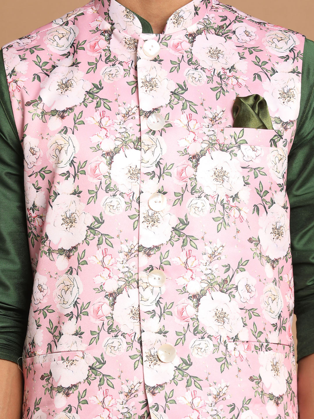 VASTRAMAY Men's Pink Floral Printed Ethnic Jacket With Green Cotton Silk Blend Kurta Pyjama