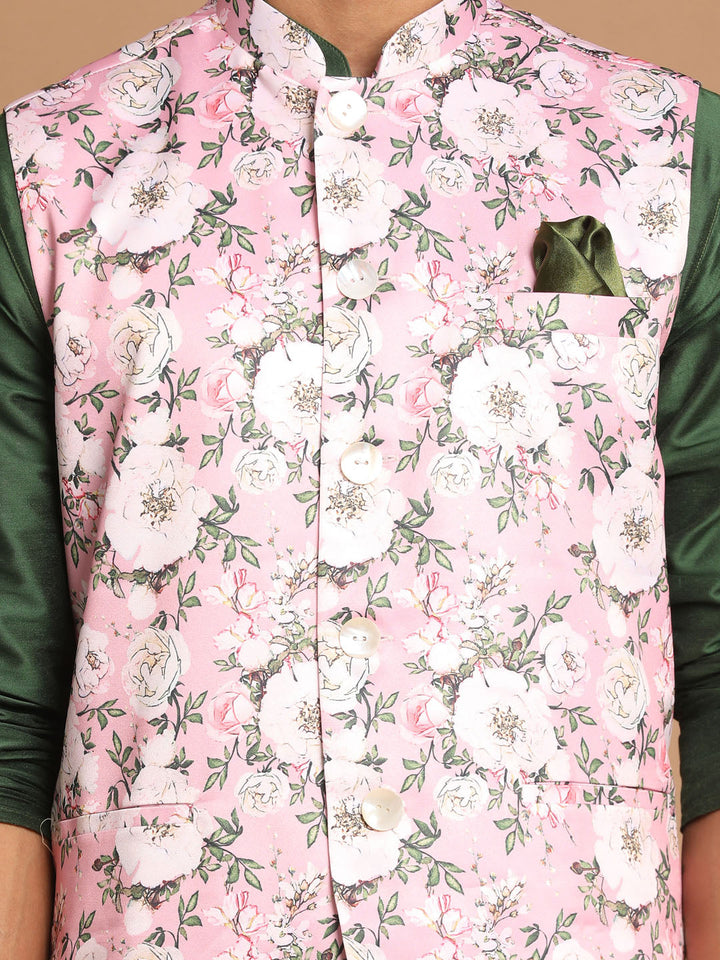 VASTRAMAY Men's Pink Floral Printed Ethnic Jacket With Green Cotton Silk Blend Kurta Pyjama