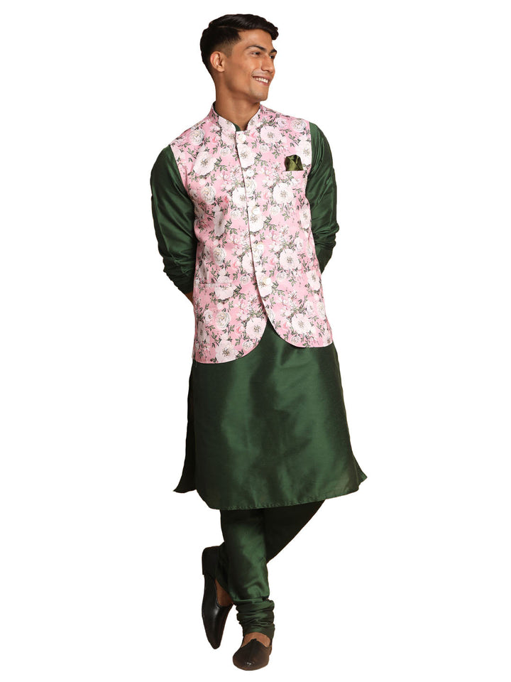 VASTRAMAY Men's Pink Floral Printed Ethnic Jacket With Green Cotton Silk Blend Kurta Pyjama