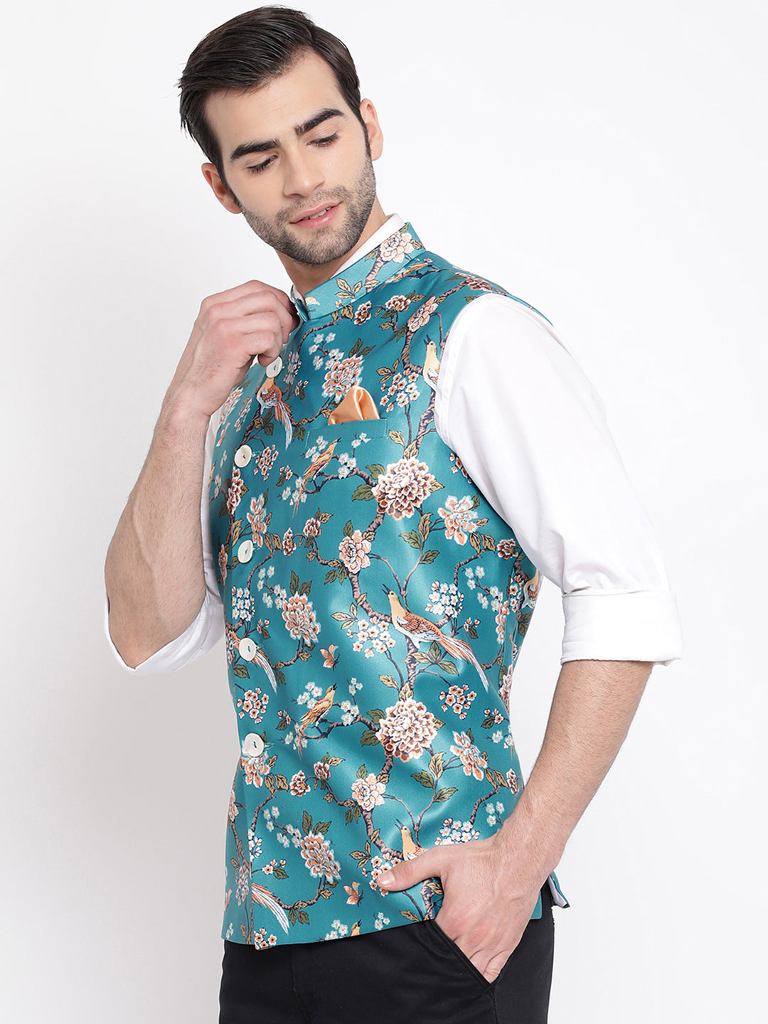 VASTRAMAY Men's Turquoise Digital Printed Royal Angrakha Nehru Jacket