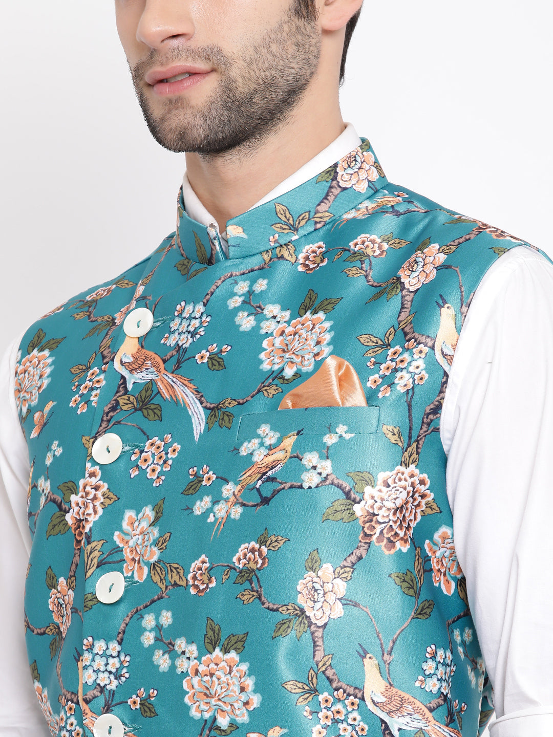 VASTRAMAY Men's Turquoise Digital Printed Royal Angrakha Nehru Jacket