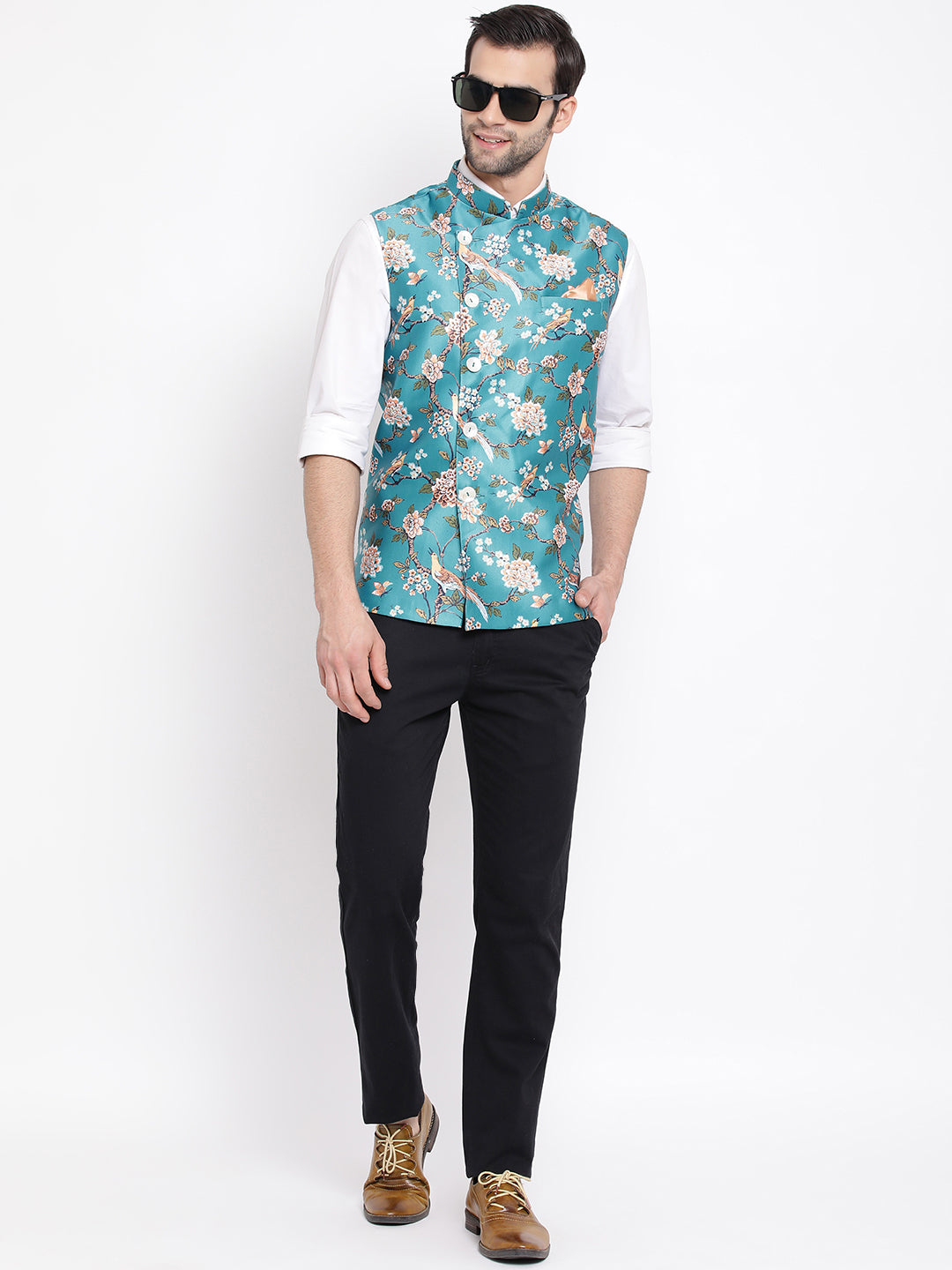 VASTRAMAY Men's Turquoise Digital Printed Royal Angrakha Nehru Jacket