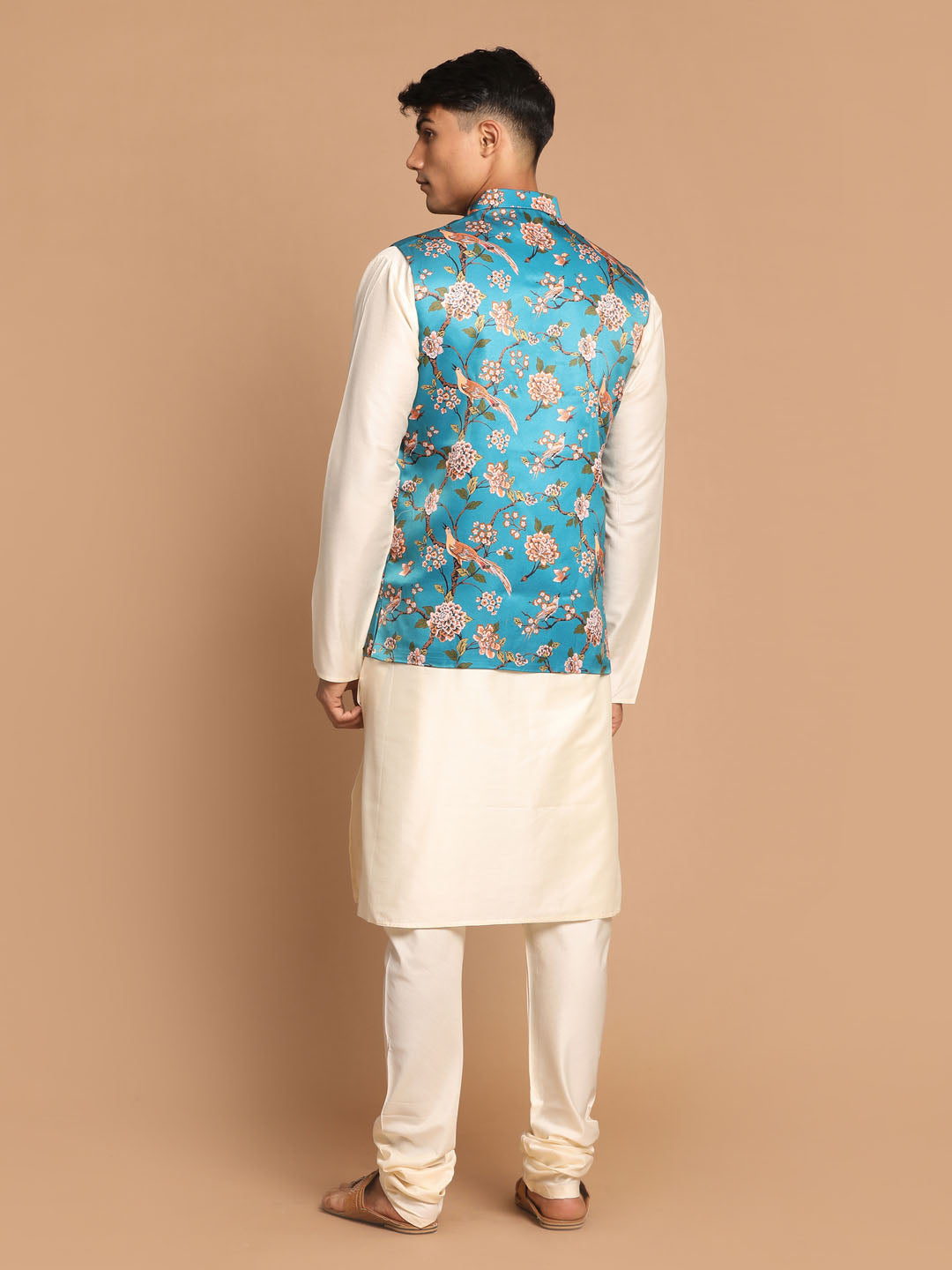 VASTRAMAY Men's Turquoise Digital Printed Royal Angrakha Nehru Jacket With Cream Kurta Pyjama