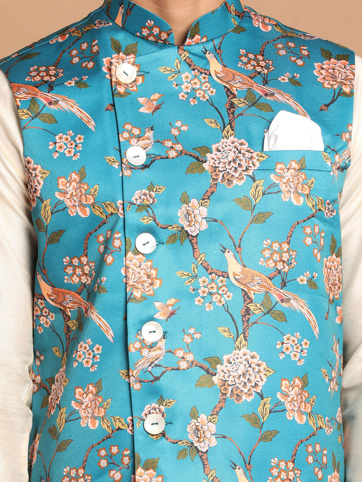 VASTRAMAY Turquoise Digital Printed Royal Angrakha Nehru Jacket With Cream Kurta Pyjama Baap Beta Set