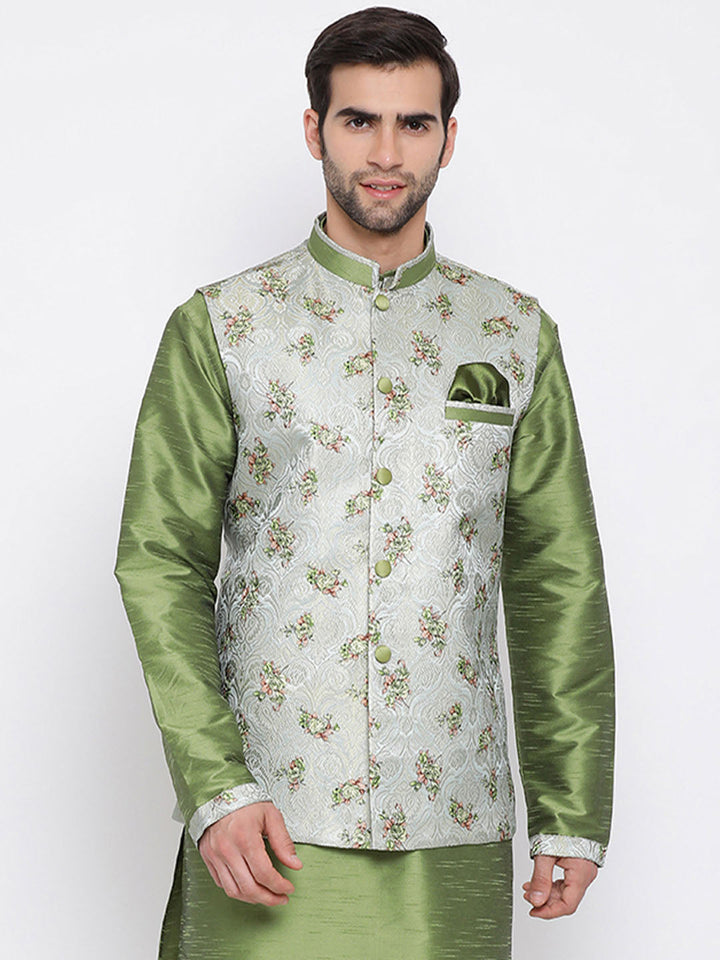 VASTRAMAY Men's Grey & Green Printed Woven Nehru Jacket