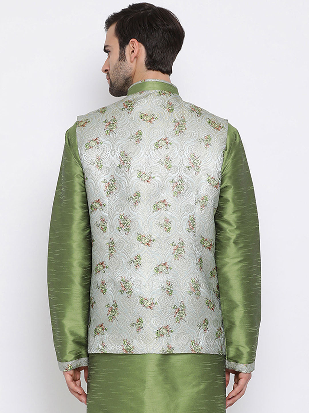 VASTRAMAY Men's Grey & Green Printed Woven Nehru Jacket