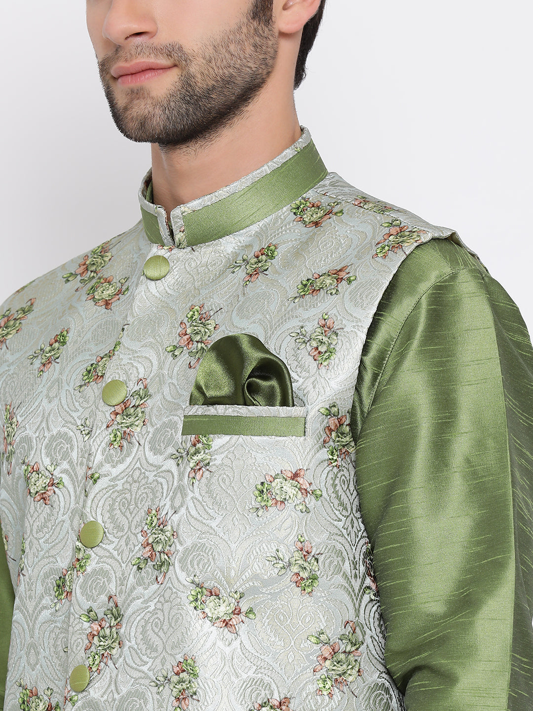 VASTRAMAY Men's Grey & Green Printed Woven Nehru Jacket