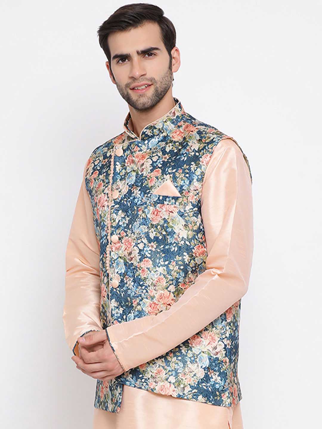 VASTRAMAY Men's Peach And Blue  Printed Woven Nehru Jacket