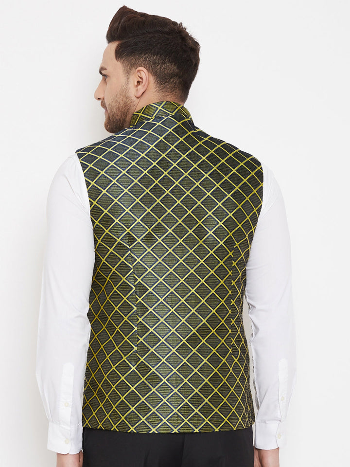 VASTRAMAY Men's Green Jute Cotton Zipper Nehru Jacket