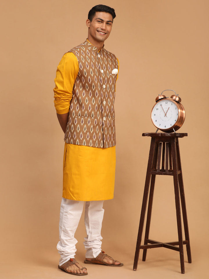 VASTRAMAY Men's Green Printed Cotton Nehru Jacket With Mustard Kurta And White Pyjama Set