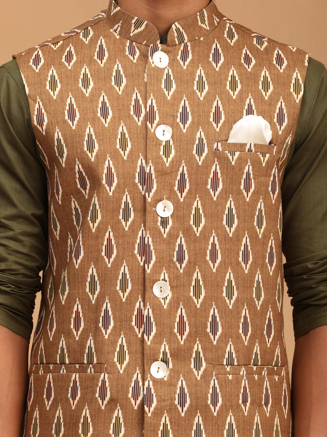 VASTRAMAY Men's Green Printed Cotton Nehru Jacket With Mehdi Green Kurta And White Pyjama Set