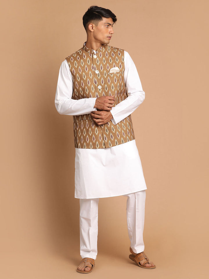 VASTRAMAY Men's Multicolour-Base-Green Cotton Nehru Jacket  With White Cotton Pant