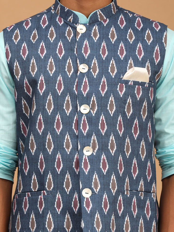 VASTRAMAY Men's Grey Printed Cotton Nehru Jacket With Aqua Kurta And White Pyjama Set