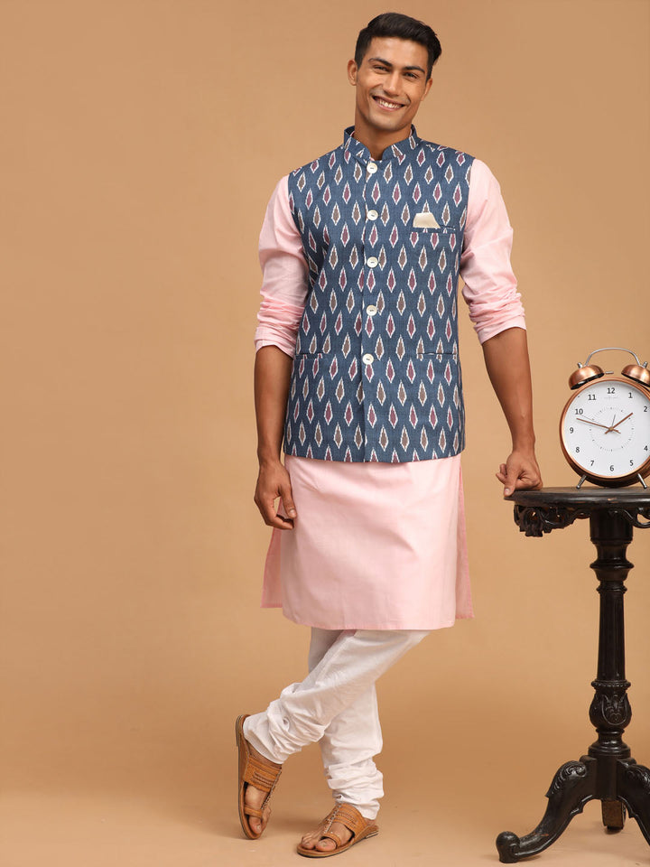 VASTRAMAY Men's Gray Printed Cotton Nehru Jacket With Pink Kurta And White Pyjama Set