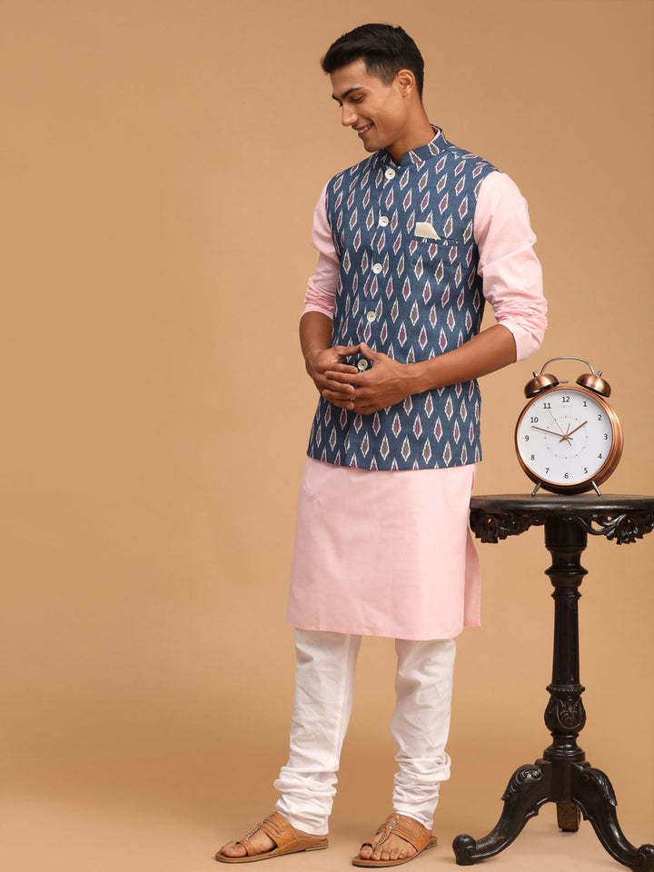 VASTRAMAY Men's Gray Printed Cotton Nehru Jacket With Pink Kurta And White Pyjama Set