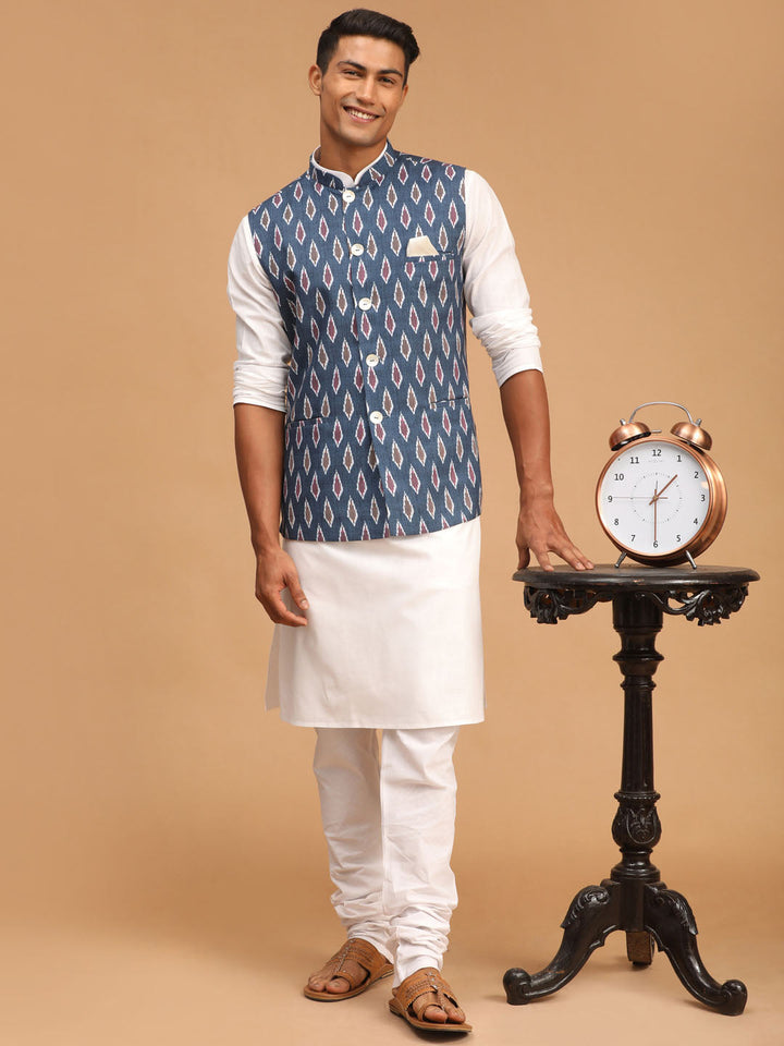 VASTRAMAY Men's Grey Printed Cotton Nehru Jacket With White Kurta And Pyjama Set