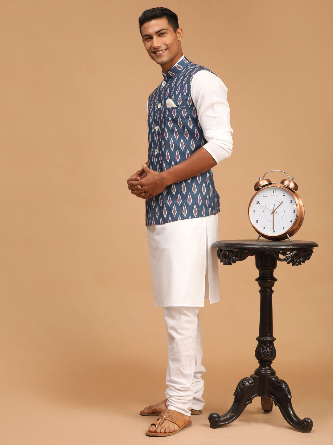 VASTRAMAY Men's Grey Printed Cotton Nehru Jacket With White Kurta And Pyjama Set