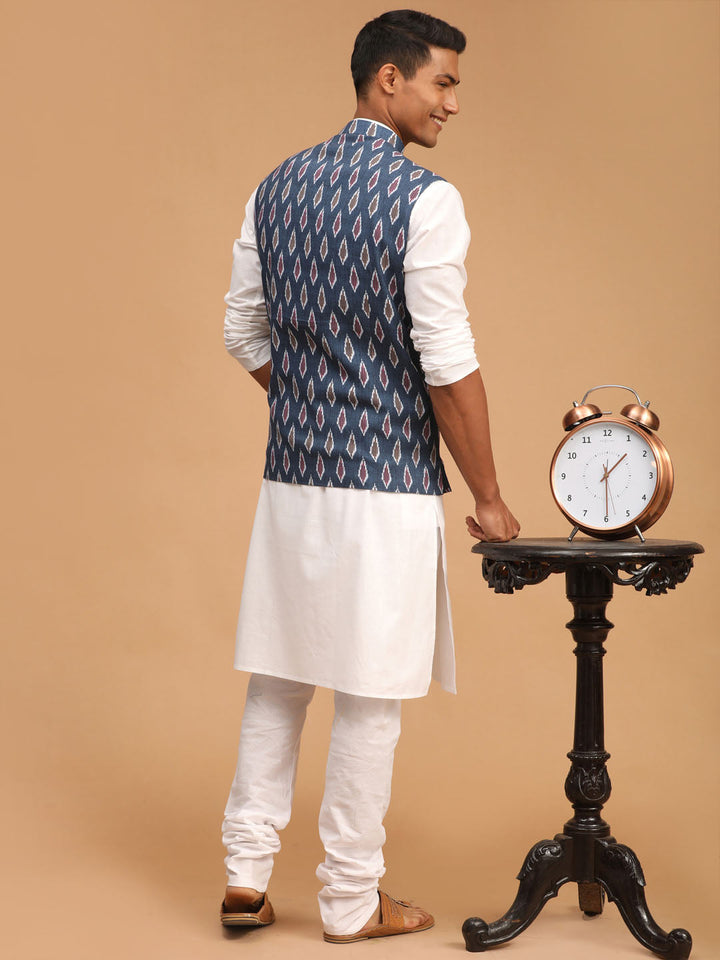 VASTRAMAY Men's Grey Printed Cotton Nehru Jacket With White Kurta And Pyjama Set