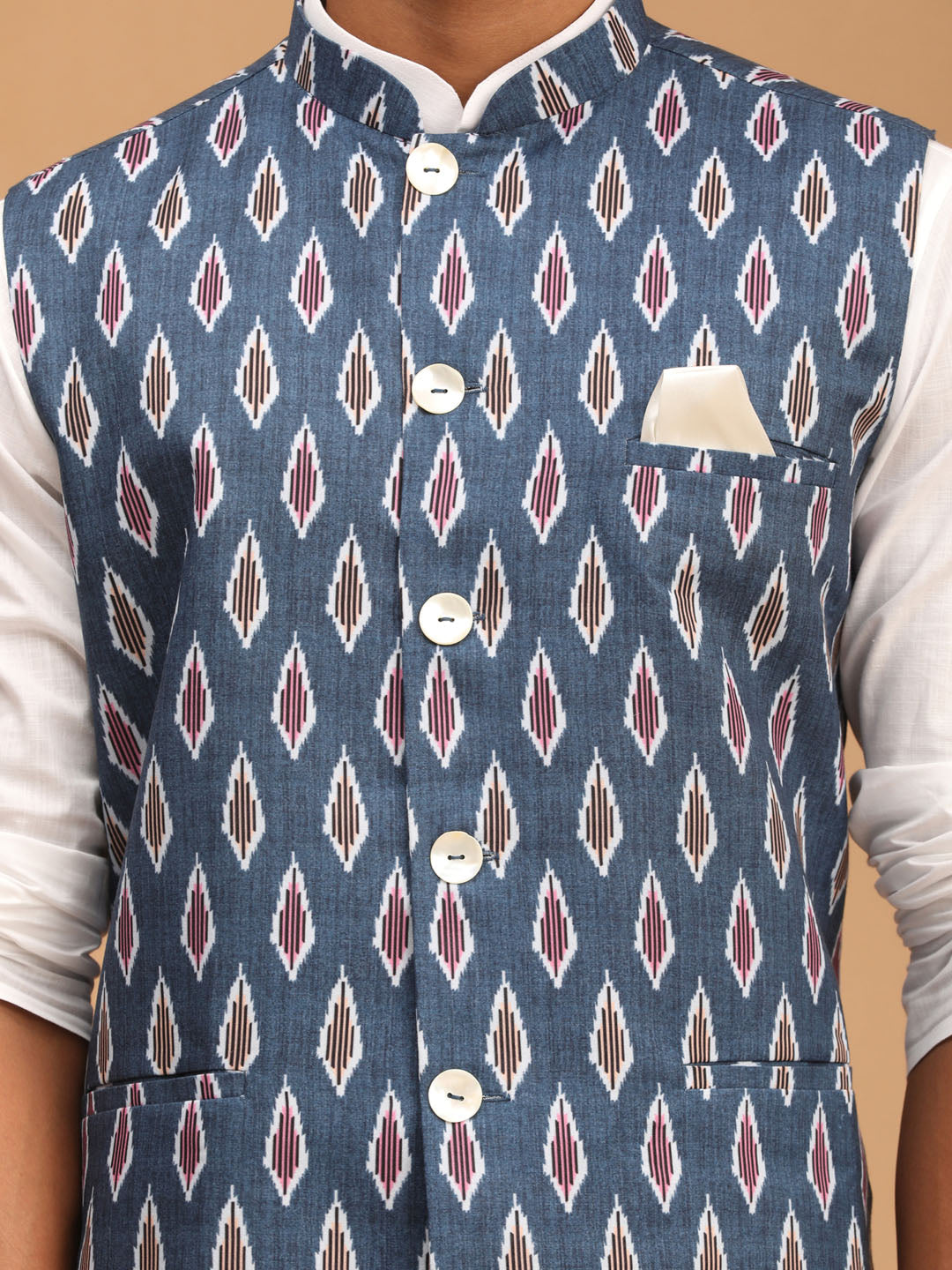 VASTRAMAY Men's Grey Printed Cotton Nehru Jacket With White Kurta And Pyjama Set