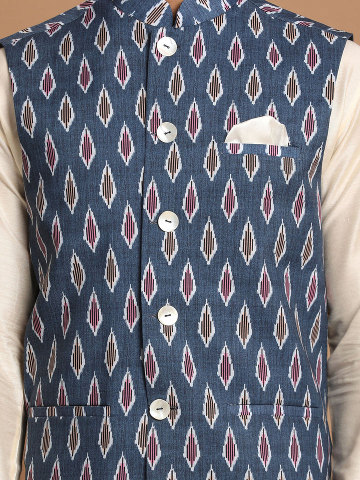 VASTRAMAY Men's Grey Printed Cotton Nehru Jacket With Cream Kurta Pyjama