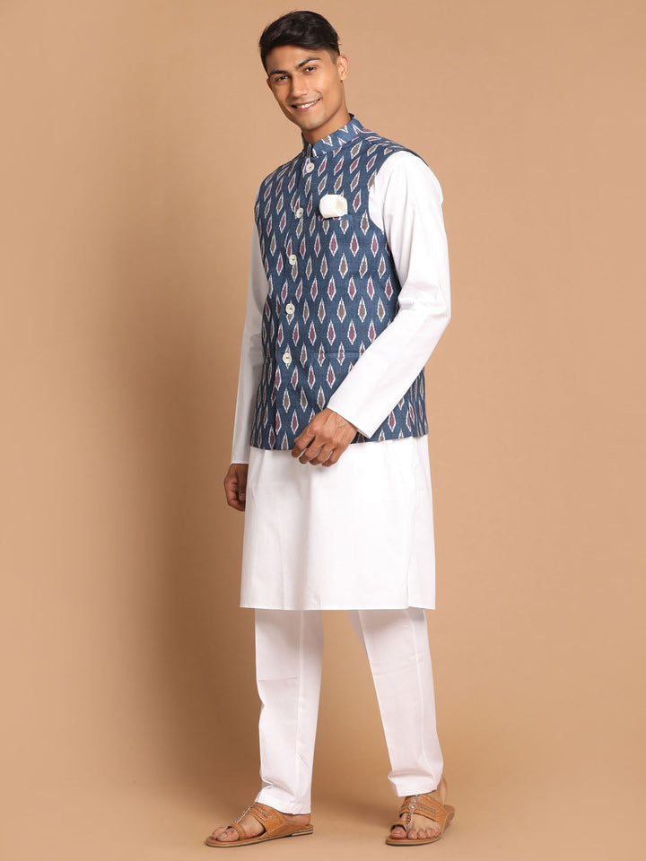 VASTRAMAY Men's Grey Printed Cotton Nehru Jacket With White Kurta And Pant Set