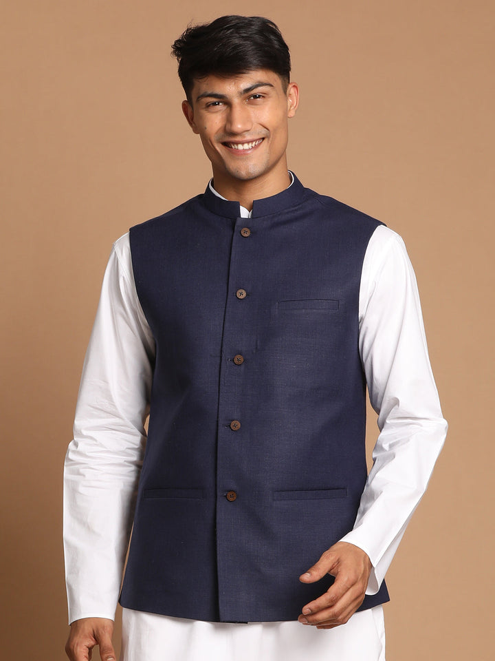 Front view of VASTRAMAY Navy Blue Cotton Blend Nehru Jacket with intricate button details and mandarin collar