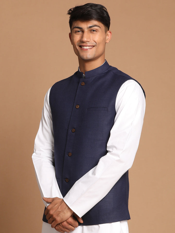 VASTRAMAY  Navy Blue Cotton Blend Nehru Jacket