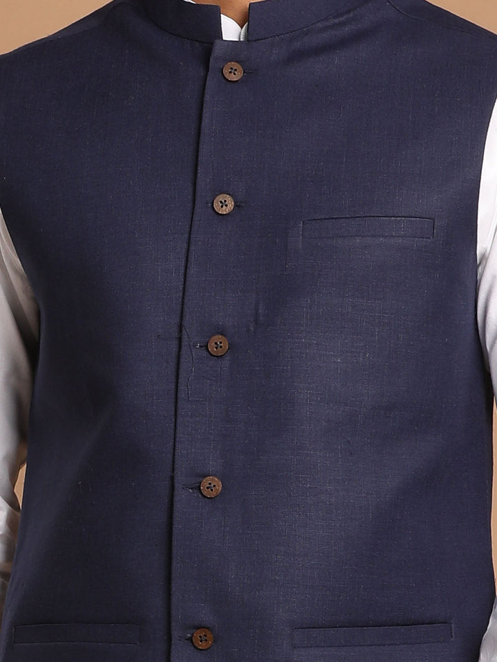  Back view of VASTRAMAY Navy Blue Cotton Blend Nehru Jacket showcasing its elegant stitching and traditional Nehru style