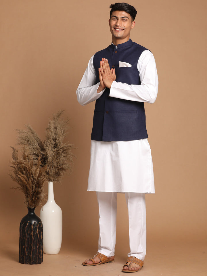  Model wearing VASTRAMAY Navy Blue Cotton Blend Nehru Jacket, styled with a white shirt and black trousers for a sophisticated look