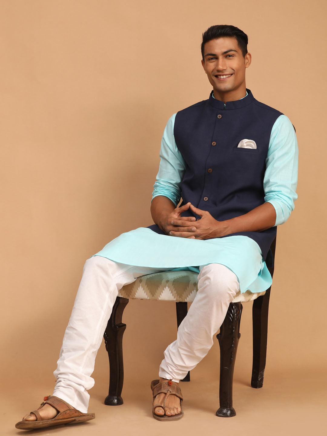 VASTRAMAY Men's Navy Blue Solid Cotton Nehru Jacket With Aqua Blue Kurta And White Pyjama Set