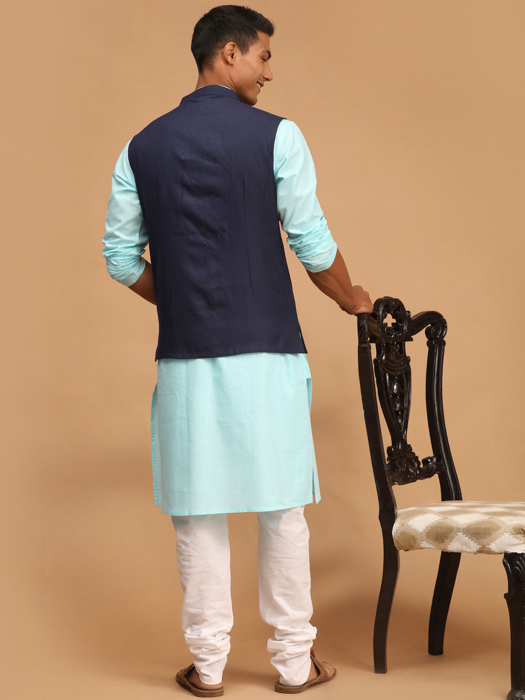 VASTRAMAY Navy Blue Silk Blend Jacket With Aqua Blue Kurta And White Pyjama Baap Beta Set