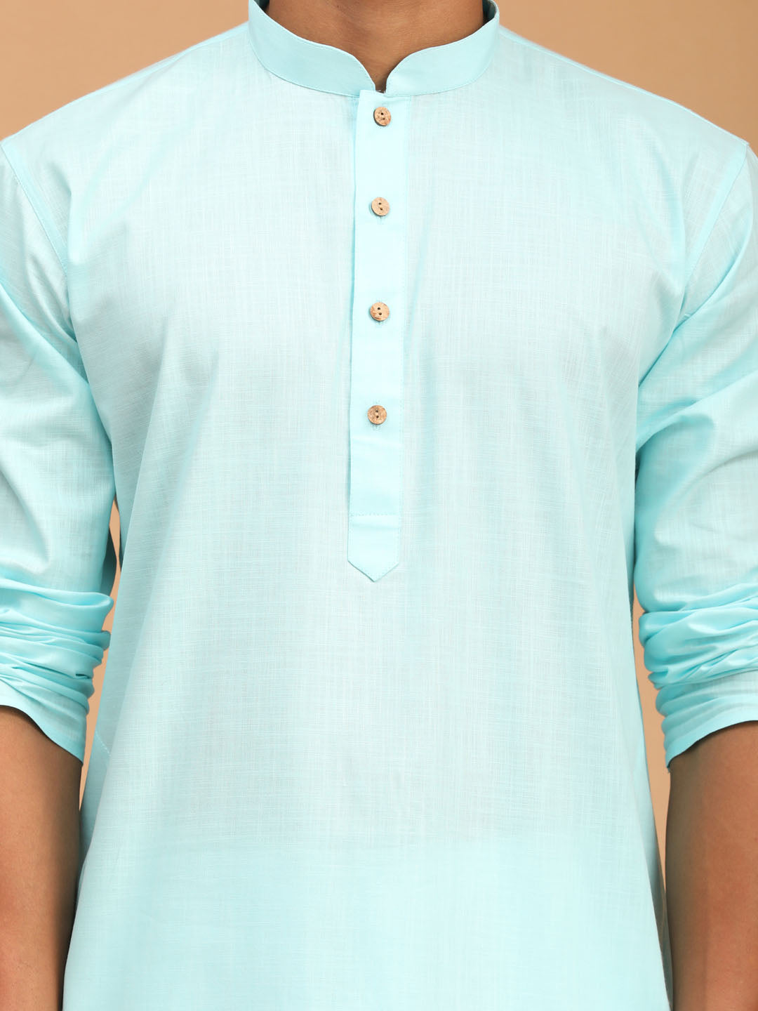 VASTRAMAY Men's Navy Blue Solid Cotton Nehru Jacket With Aqua Blue Kurta And White Pyjama Set