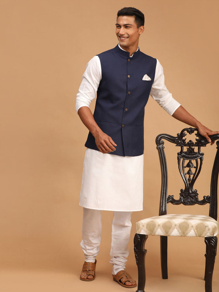 VASTRAMAY Men's Navy Blue Solid Cotton Nehru Jacket With White Kurta And Pyjama Set